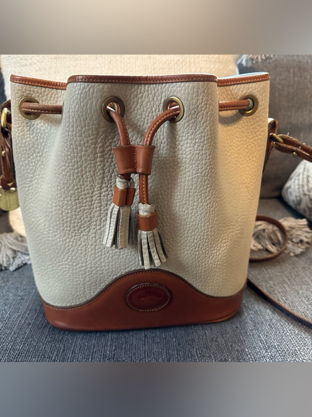 Vintage Dooney & Bourke Cream and Brown Pebble Leather Drawstring Bucket Bag